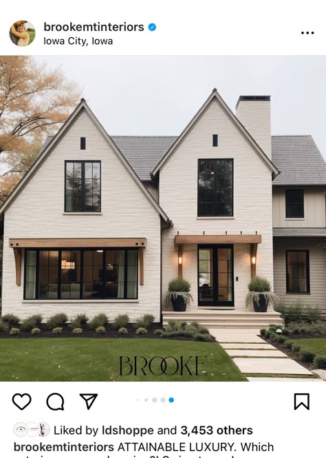 Dark Brick And Wood Exterior, Off White Exterior House Colors, Wood Accents On House Exterior Modern, Exterior House Details, Exterior House Colors Timeless, White Modern Cottage Exterior, Taupe House Black Windows, Modern Farmhouse Rambler Exterior, Craftsman’s Style Exterior