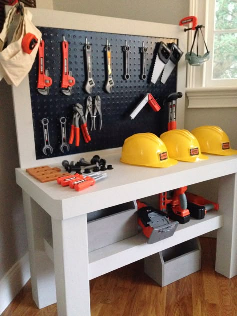 Play Work Bench, Toy Tool Bench, Play Tool Bench, Kids Workbench Diy, Kids Tool Bench Diy, Diy Kids Tool Bench, Construction Room For Boys, Diy Tool Bench, Tool Bench For Kids