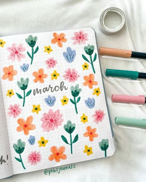 March Book Journal Ideas, March Bujo Theme Ideas, Journal March Ideas, March Scrapbook, Easy Bujo Ideas, Boulet Journal March, Journal Month Page May, March Scrapbook Page, May Bujo Theme Ideas