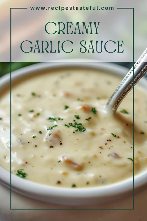 This rich and smooth Creamy Garlic Sauce is perfect for drizzling over pasta, roasted vegetables, chicken, or even as a delightful dipping sauce. Bursting with garlicky goodness, it's a versatile addition to any meal. Turkey Dipping Sauce, Roasted Garlic Alfredo Sauce, Sauce For Roasted Chicken, Quick Sauce For Chicken, Garlic Sauce For Pasta, Creamy Garlic Sauce Recipe, Creamy Garlic Butter Sauce, Garlic Herb Sauce, Garlic Alfredo Sauce