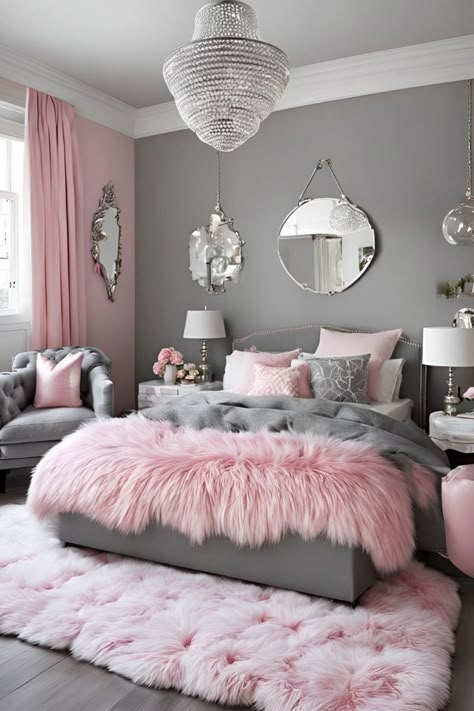 Pink Black White Silver Bedroom, Womens Pink Bedroom Ideas, Pink And Gray Girls Bedroom, Grey And Pink Room Ideas Bedroom, Pink And Grey Home Decor, Girly Pink Bedroom Aesthetic, Pink And Silver Room Ideas, Bedroom Inspirations Girly, Gray Girls Bedroom Ideas