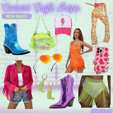 Neon Country Outfit, Neon Cowboy Outfit, Neon Cowgirl Outfit, Cowgirl Outfit Ideas, Neon Cowgirl, Neon Cowboy, Concert Outfit Inspiration, Cowboy Outfit, Festival Outfit Ideas