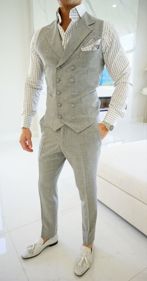 Showcasing this very clean and all new Smoke Grigio 3 piece look. ⭐️ Available Now ⭐️ Make sure to check out our story for the epic details of this fabric 🥂 #sebastiancruzcouture #suits #threepiecesuit #mensfashion Luxury Fitted Menswear-inspired Three-piece Suit, Luxury Single-breasted Three-piece Suit For Men, Luxury Tailored Three-piece Menswear-inspired Suit, Luxury Gray Three-piece Suit For Business, Men's Vest Fashion, Elegant Fitted Gray Three-piece Suit, Men Vest Outfits, Frugal Male Fashion, Smart Dressing