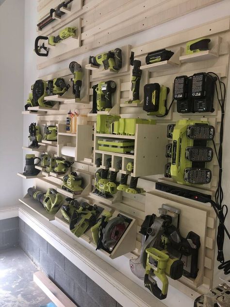 Storing Power Tools, Ryobi Tool Storage, Power Tool Storage Ideas, Cordless Tool Storage, Tool Storage Wall, French Cleat Wall, Tool Wall Storage, Cleat Wall, Plywood Diy