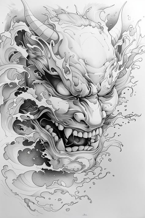 Black And Grey Tattoo Design, Mascara Hannya, Grey Tattoo Design, Japanese Demon Tattoo, Japanese Warrior Tattoo, Japanese Mask Tattoo, Oni Mask Tattoo, Black And Grey Tattoos Sleeve, Oni Tattoo