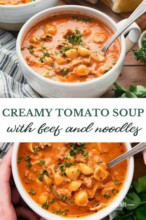 Creamy tomato soup with ground beef and noodles is an easy one-pot dinner that's ready in less than 45 minutes! Add a loaf of crusty bread or a simple green side salad for a delicious and family-friendly weeknight meal. Beef Soup With Noodles, Tomato Beef Soup, Soup With Noodles, Tomato Beef, Apartment Recipes, Ground Beef And Noodles, Quick Soup, Soup With Ground Beef, Beef Soup Recipes