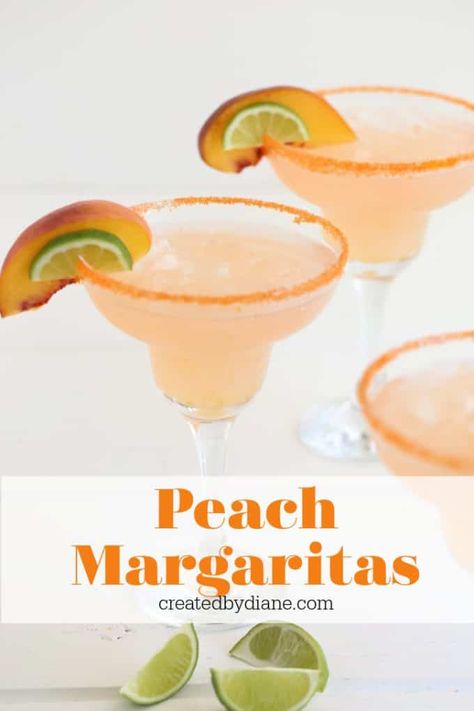 Peach Margarita Recipe | Created by Diane Peach Margarita Recipe, Peach Margarita Recipes, Peach Margaritas, Flavored Tequila, Lime Lemonade, Peach Margarita, Flavored Margaritas, Christmas Drinks Alcohol, Cinco De Mayo Recipes