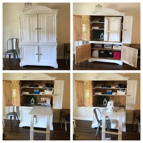 Hobby Cabinet, Diy Sewing Cabinet, Repurposed Tv Cabinet, New Home Aesthetic, Small Girls Bedrooms, Craft Armoire, Office Craft Room Combo, Sewing Nook, Craft Storage Cabinets