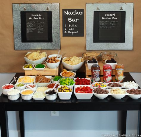 Nacho Bar Ideas including both a cheesy side and a dessert side. A great party buffet idea! #partyfood #nachos Nachos Dessert, Nacho Bar Ideas, Taco Bar Party, Party Food Bars, Dessert Nachos, Party Food Bar, Cheesy Appetizer, Nacho Bar, Buffet Party