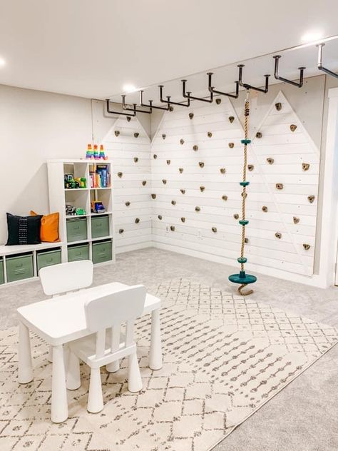 Cellar Playroom Ideas, Basement Playroom Makeover, Loft Play Area Upstairs, Garage Turned Playroom, Cozy Basement Playroom, Small Basement Play Area, Gymnastics Playroom Ideas, Basement Climbing Gym For Kids, Basement Playroom Paint Ideas