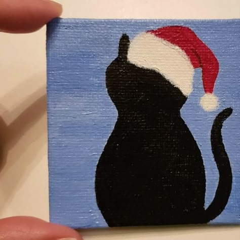 Quirky Christmas Cat Magnets hand-painted on  mini canvas boards. 
#christmas #christmasmagnet #christmasdecor #magnets #cats #quirky #minicanvas #handpainted #meowychristmas #meow #acrylic #santahat #striped #christmastree Christmas Cat Paintings On Canvas, Cat Christmas Painting Easy, Easy Canvas Art Christmas, Easy Small Christmas Painting, Diy Christmas Paintings On Canvas Easy, Cute Christmas Paintings Easy Simple, Canvas Painting Ideas Easy Christmas, Easy Things To Draw Christmas, Mini Canvas Cat Painting