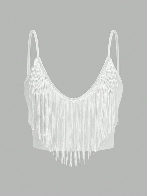 SHEIN ICON Solid Fringe Trim Cami TopI discovered amazing products on SHEIN.com, come check them out! Quince Clothes, Tassel Top, Shein Icon, White Fringe, White Tassel, Fringe Top, Club Tops, Women Tank Tops, Crop Top And Shorts