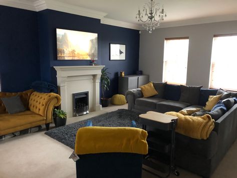 Dark Grey And Mustard Living Room, Blue And Mustard Living Room, Mustard Living Room, Dark Blue Feature Wall, Mustard Living Rooms, Blue Feature Wall, Blue Walls Living Room, Blue Sofas Living Room, Blue Sofas