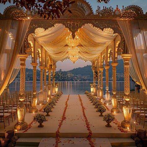 Elegant Wedding #Ceremony: A breathtakingly beautiful wedding #Location elegantly draped in sheer fabric with a scenic lake backdrop. #BridalBliss #Elegance #Venue #LoveStory #DreamWedding #AIArt #AIPhoto #StockCake ⬇️ Download and 📝 Prompt 👉 https://stockcake.com/i/elegant-wedding-venue_489099_489008 Indian Wedding Venue Ideas, Beach Wedding Setup, Scenic Wedding Venues, Elegant Wedding Ceremony, Indian Wedding Venue, Arabian Wedding, Beach Wedding Arch, Scenic Wedding, Opulent Wedding