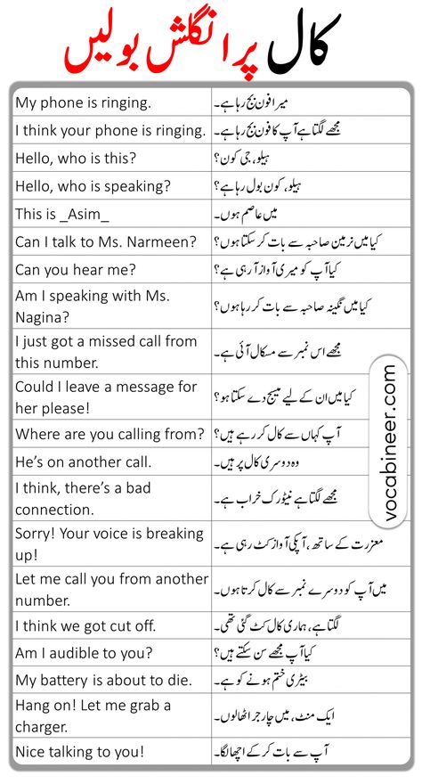 Phone Call English Sentences with Urdu Translation Learn English Sentences, Daily English Sentences, English Sentences For Daily Use, English Learning Website, English Words Meaning, Daily English Words, Daily Use English Words, Simple English Sentences, English Meaning