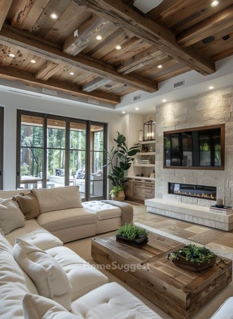 House With Exposed Beams, Living Room Wooden Beams, Living Room With Exposed Beams, Rustic Boho House, Exposed Beams Living Room, Cozy Living Room Sectional, Cozy Sectional Living Room, Living Room With Wood Beams, Living Room Country