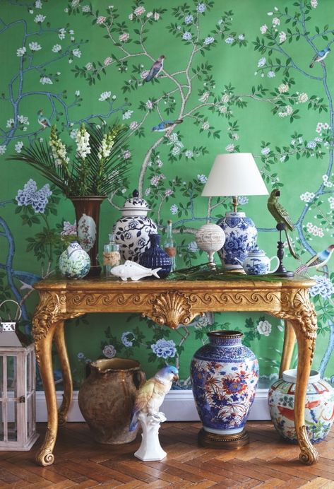 Wallpaper Design Interior, Top Notch Wallpaper, Wall Paint Ideas, Decorating With Chinoiserie, Chinoiserie Interior, Notch Wallpaper, Miami House, Ideas For Wallpaper, Green Chinoiserie