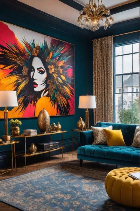 A vibrant maximalist living room with a statementmaking abstract artwork as the Interior Design Bold Colors, Modern Jewel Tone Living Room, Bold Home Design, Teal Velvet Couch, Navy Blue Sofa Living Room Ideas, Jewel Living Room, Unconventional Living Room, Bold Living Room Colors, Art Deco Living Room 1920s