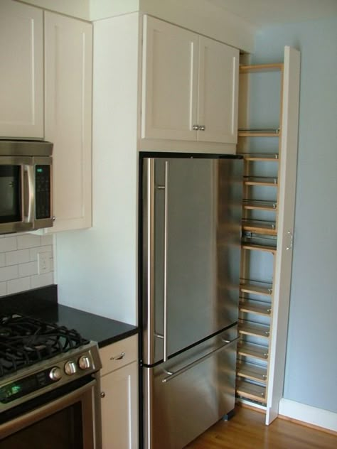 Collamore Built | Residential Design & Construction : Full Height Spice Rack Pull Out.  Clever use of space!! Side Fridge Cabinet Pull Out, Pull Out Spice Rack Cabinet Next To Fridge, Fridge At End Of Kitchen, Spice Rack Next To Fridge, Side Fridge Spice Rack, Side Of Fridge Pull Out Storage, Tall Pull Out Spice Rack Cabinet, Fridge In The Corner, Pull Out Spice Rack Next To Fridge