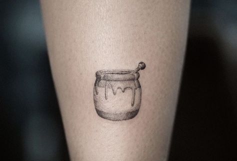 Honey Jar Tattoo Winnie The Pooh, Honeypot Tattoo Simple, Honey Bottle Tattoo, Honeybun Tattoo, Honey Pot Tattoo Simple, Winnie The Pooh Honey Pot Tattoo, Never Enough Tattoo, Small Honey Jar Tattoo, Honey Tattoo Ideas