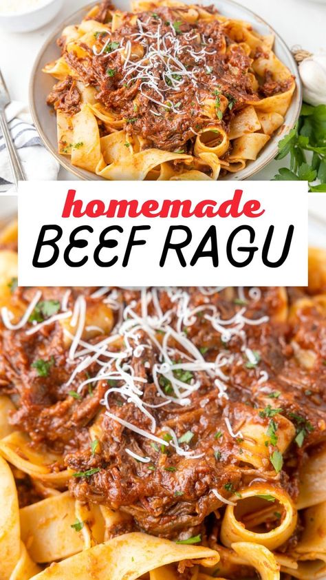 When you need a hearty yet simple family-friendly meal, this delicious Beef Ragù recipe made with tender beef, homemade pasta sauce, and pappardelle checks all the boxes! You’ll love the rich tomato sauce poured over your favorite pasta. Serve with a green salad and a crusty loaf of bread for a filling meal! Ragu Sauce Recipes, Ragu Spaghetti Sauce, Beef Ragu Recipe, Pappardelle Recipe, Meat Ragu, Homemade Pasta Sauce, Ragu Sauce, Tomato Pasta Recipe, Pasta With Meat Sauce