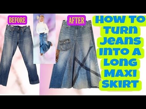 How To Make a Long Maxi Skirt From a Pair of Jeans - YouTube How To Make Skirt From Jeans, Maxi Jean Skirt Outfits, Upcycle Jeans Skirt, Upcycle Denim Jeans, Sew Jeans, Refashion Jeans, Maxi Skirt Denim, Diy Denim Skirt, How To Make Jeans