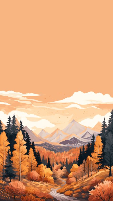 Escape to the beautiful trees changing color in the mountains with this fall wallpaper phone design. Fall Wallpaper Illustration, Fall Art Background, Mountain Painting Wallpaper, Fall Mountains Wallpaper, Fall Drawing Wallpaper, Cute October Wallpaper Iphone, Fall Screen Wallpaper, Autumn Wallpaper Drawing, Fall Mural Ideas