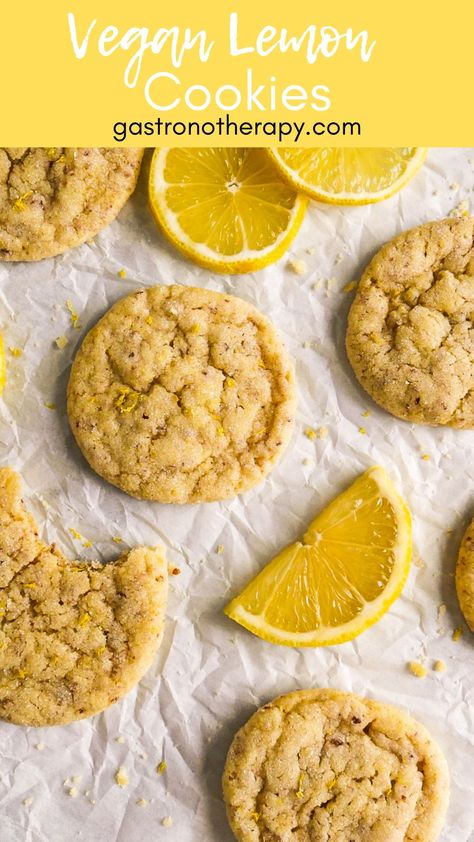 Vegan lemon cookies arranged on parchment paper. Vegan Lemon Cookies, Dairy And Egg Free Recipes, Easy Vegan Cookies, Aip Foods, At Home Cooking, Best Vegan Desserts, Vegan Pastries, Vegan Biscuits, Lemon Cookies Recipes