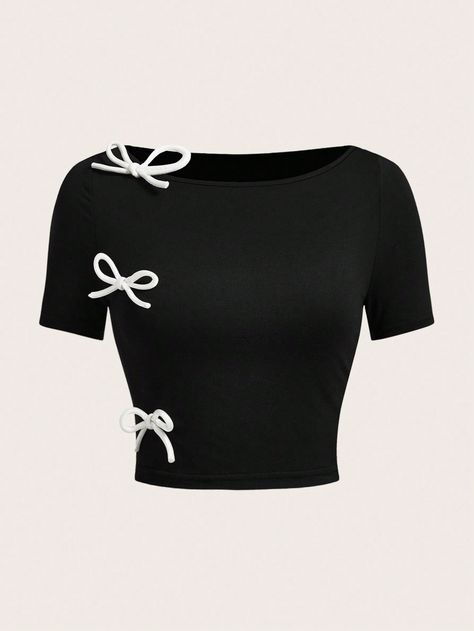 SHEIN Qutie Boat Neckline Bow Decorated T-ShirtI discovered amazing products on SHEIN.com, come check them out! Fashion Bella, Bow Shirt, Bow Shirts, White Bow, Boat Neckline, Women T Shirts, Clothes Style, Black Casual, Amazing Products