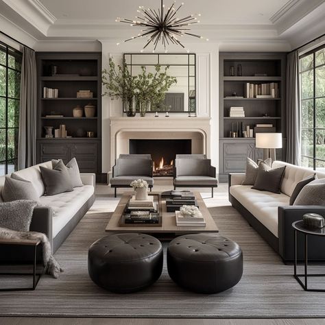 Neutral Living Room With Black Accents Farmhouse, Modern Classic Interiors, Sophia Patterson Interiors, Informal Living Room Ideas, Chair In Front Of Fireplace, Nyc Townhouse Interior, Modern Traditional Living Room Ideas, Chic Family Room, New Classic Living Room