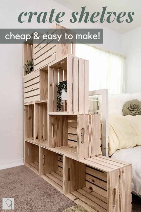 Are you living in a tiny apartment or house and need extra storage? Build your own DIY wood crate shelves for just $100! #DIY #wallstorage #woodcrate #crates #shelves Diy Crate Bookshelf, Diy Wood Crate, Wood Crate Shelves, Diy Wooden Crate, Koti Diy, Crate Bookshelf, Diy Crate, Crate Shelves, Interior Design Per La Casa