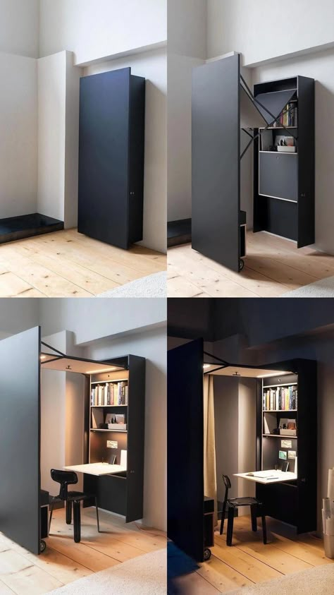 Hidden Office, Design Casa Piccola, Design Ložnic, Interior Design Per La Casa, Small Space Design, Studio Apartment Decorating, Design Del Prodotto, Office Setup, Space Saving Furniture