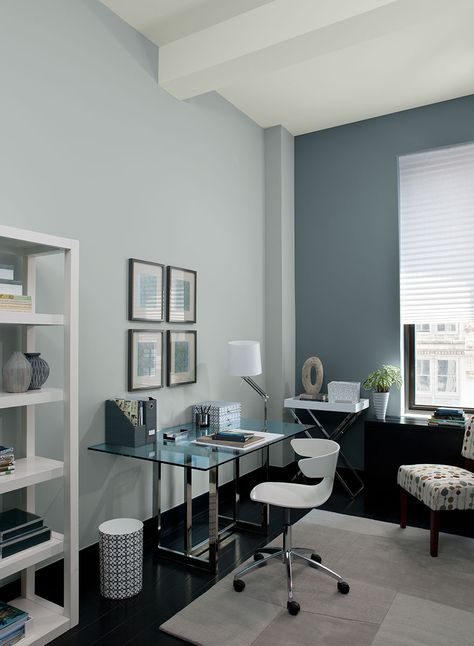 Office Paint Schemes, Office Wall Paints, Office Wall Colors, Blue Home Offices, Office Paint Colors, Best Interior Paint, Office Paint, Accent Wall Colors, Home Office Colors