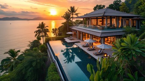 Luxury Seaside Escape: Breathtaking luxury villa overlooking the ocean, basks in the warm glow of the setting sun. #luxury #villa #sunset #ocean #infinity pool #tropical #paradise #relaxation #aiart #aiphoto #stockcake https://ayr.app/l/GB81 Pool Tropical, Royal Botania, Villa Luxury, Pool Villa, Sunset Ocean, The Setting Sun, Setting Sun, Infinity Pool, 3d Render