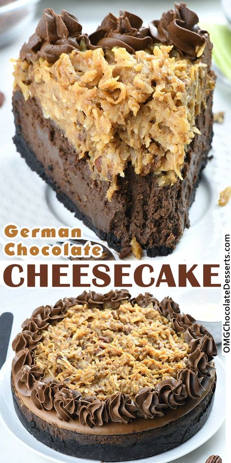 This German Chocolate Cheesecake is insanely decadent chocolate cheesecake with crunchy Oreo crust and gooey coconut pecan topping. Bursting with chocolate flavor, smooth as silk, rich chocolate cheesecake paired with insanely delicious coconut pecan topping is such a treat! via @https://www.pinterest.com/omgchocodessets/ Mini German Chocolate Cheesecake, German Choc Cheesecake, Crunch Chocolate Cheesecake, German Chocolate Cheesecake Cake, Candy Cheesecake Recipes, Unique Cheesecake Ideas, Dinner Entrees Main Dishes, Fancy Cheesecake Recipes, German Chocolate Cheesecake Recipe