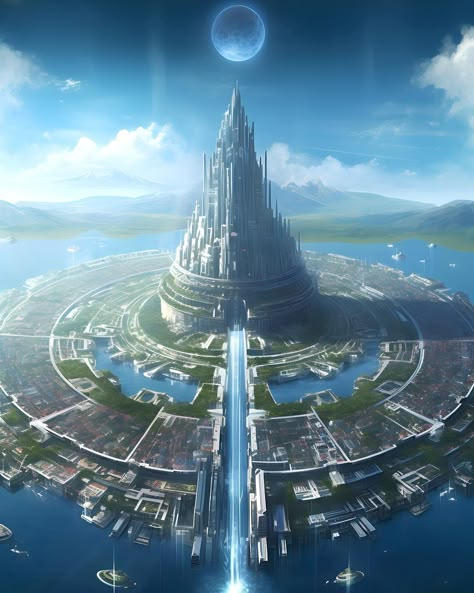 Mind Maestro en Instagram: “The Golden Age of Atlantis In the mythical land of Atlantis, during its fabled golden age, consciousness flourished and reached…” Atlantis City Art, Atlantis Underwater City, Atlantis Concept Art, Atlantis Aesthetic, Atlantis Art, Atlantis City, Lost Atlantis, Kingdom Of Atlantis, Mythical Island