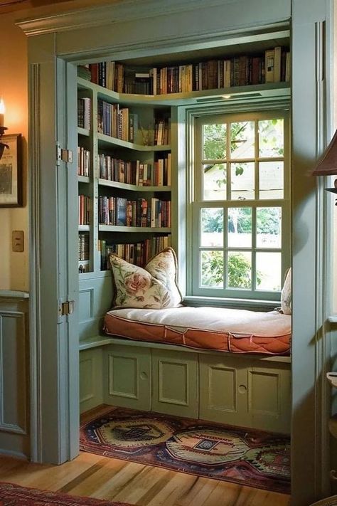 Cottage Space Saving Ideas, Small In House Library, Under Window Reading Nook, Cute Home Library Ideas, Elevated Reading Nook, Window Seat Library Nook, Upstairs Reading Nook, Book Nook Built In, Cosy Bedroom Corner