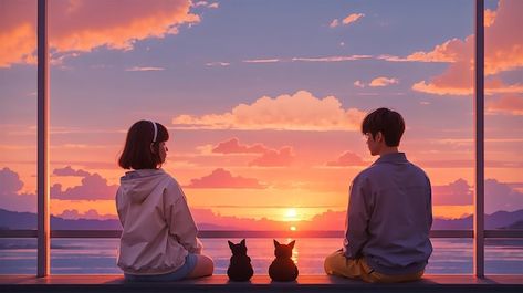 Two Couples Together, Love Thumbnail, Lofi Thumbnail, Lofi Images, Flying Bird Drawing, Lofi Illustration, Anime Sunset, Birds Couple, Photo Song