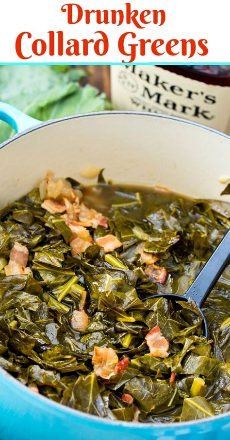 Drunken Collard Greens with bourbon #southern Collard Greens Recipe With Bacon, Collard Green Recipes, Crockpot Collard Greens, Easy Collard Greens Recipe, Collard Greens With Bacon, Greens Recipe Soul Food, Southern Style Collard Greens, Southern Collard Greens, Greens Recipes