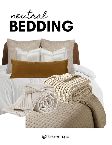 Bedding In Beige Room, Taupe Bedspread, Rustic Neutral Bedding, Camel Colored Bedding, Neutral Bedding Ideas With A Pop Of Color, Layering Bedding Ideas Cozy, Tan And White Bedding, White And Brown Bedding, Layered Neutral Bedding