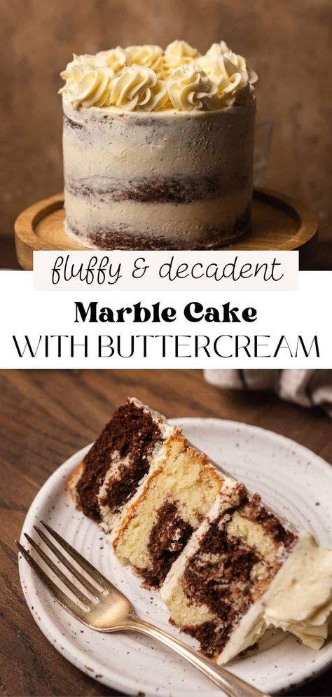 This marble cake with buttercream frosting has 3 super moist cake layers with swirls of chocolate and vanilla cake batter. It's frosted with a not-too-sweet, classic vanilla American buttercream that's silky smooth! It's easy to prepare and an absolute showstopper. Marble Swirl Cake, Bougie Cake Ideas, Layered Marble Cake, Vanilla Cake Chocolate Filling, Chocolate And Vanilla Swirl Cake, Homemade Cake For Birthday, Moist Layer Cake, Marble Layer Cake Recipe, Easy Layered Birthday Cake