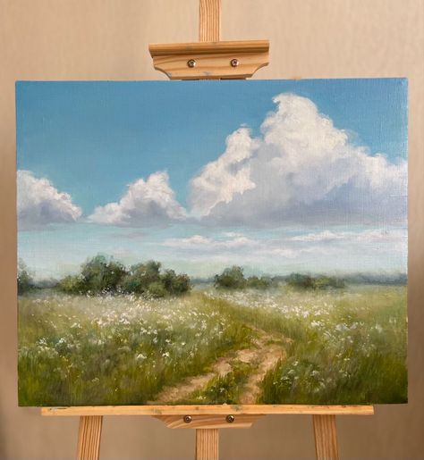 Landscape Water Paintings, Oil Painting Landscape Easy, Cloud Landscape Painting, Landscape Painting Inspiration, Easy Painting Landscape, Spring Paintings Acrylic, Spring Painting Ideas Easy, How To Paint Acrylic, Oil Paint Ideas