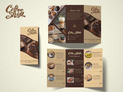 Cafe Leaflet Design, Brochure Coffee Design, Coffee Brochure Design Ideas, Food Brochure Design Creative, Coffee Ads Design, Menu Coffee Design, Coffee Shop Brochure, Cafe Brochure, Menu Design Cafe