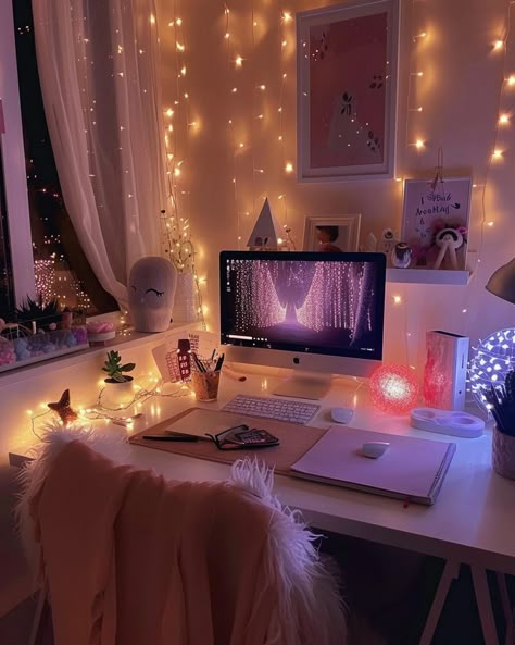 Living Decor Ideas, Backyard Outdoor Living, 2024 Bedroom, Cozy Desk, Diy Room Decor For Teens, Fairy Lights Bedroom, Cosy Room, Small Room Decor, Uni Room