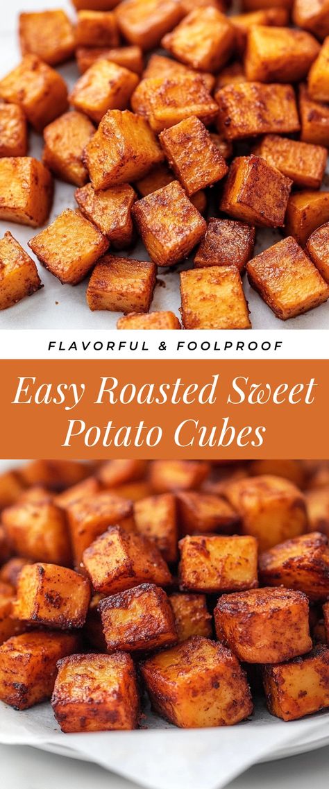 Image for Easy Roasted Sweet Potato Cubes Roasted Sweet Potatoes Meal Prep, Oven Bake Sweet Potatoes, Diced Roasted Sweet Potatoes, Sweet Potato With Steak, Best Healthy Sweet Potato Recipes, Roasted Cubed Sweet Potatoes, Roasted Vegetables Meal Prep, Baked Diced Sweet Potatoes, Roasted Chickpeas And Sweet Potatoes