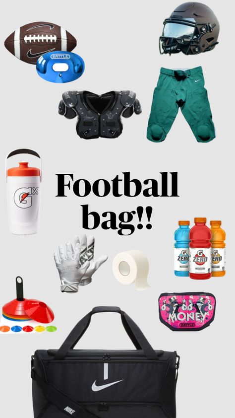 Idk what to do for football😂😂 Football Bag Essentials, Football Mom Bag Essentials, Flag Football Essentials, Football Gear Bag, Football Bag Tags, Tackle Football, Football Bag, Football Accessories, Bag Packing