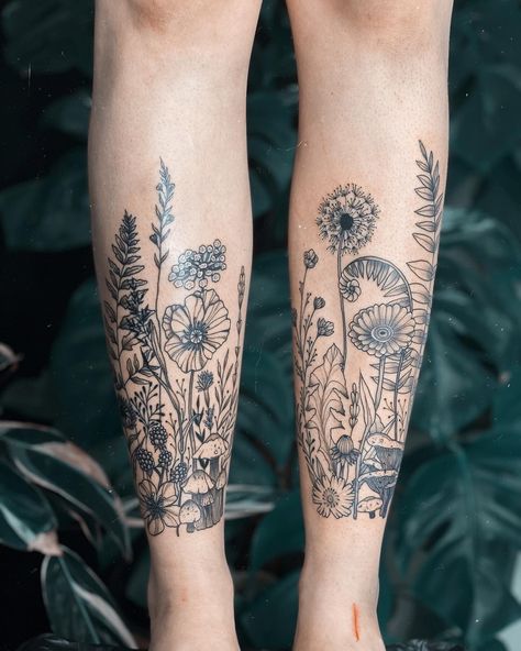 Flower Leg Tattoo, Thigh Sleeve Tattoo, Ankle Tattoo Cover Up, Botanical Tattoo Sleeve, Ghost Pipe, A Sleeve Tattoo, Flower Leg Tattoos, Collage Tattoo, Alter Art