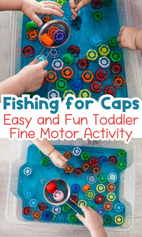 Fishing for Caps Toddler Fine Motor Water Play - In The Playroom Water Themed Preschool Crafts, Sensory Bins Transportation, Simple Daycare Activities, Engaging Toddler Activities, Toddler Water Play Ideas, Water Fine Motor Activities, Fishing Activities For Toddlers, Camping Games For Toddlers, Infant Block Activities