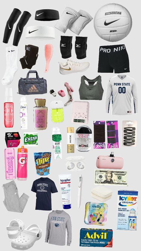 realistic v-ball bag #volleyball Stuff To Put In Your Volleyball Bag, Volleyball Packing List Tournament, Volleyball Camp Outfits, What To Bring To A Volleyball Game, Volleyball Duffle Bags, What To Put In Ur Volleyball Bag, Volleyball Backpack Essentials, Things To Have In Your Volleyball Bag, Volleyball Camp Packing List