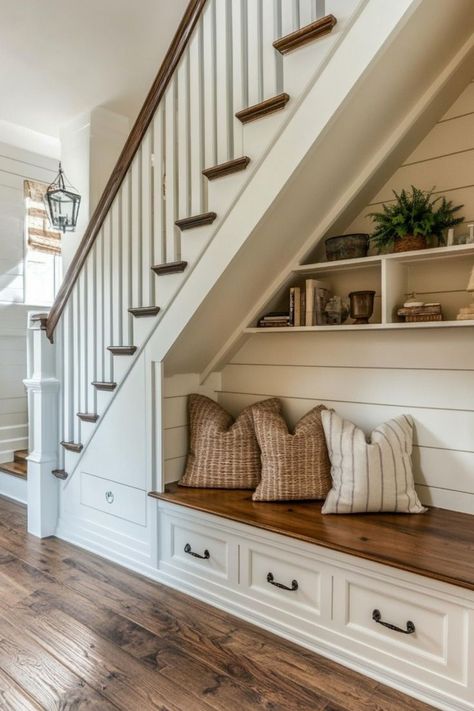 Transform the often-overlooked space under your stairs into functional storage. Install custom cabinets, shelving, or even a cozy reading nook to make the most of every inch. 📚📦✨ #UnderStairStorage #SmallHomeDecor #SpaceSaving #CreativeSolutions Diy Understairs Storage, Under Basement Stairs, Under Staircase Ideas, Shelves Under Stairs, Cabinet Under Stairs, Modern Farmhouse Staircase, Understair Storage, Cottage Stairs, Under Stairs Nook